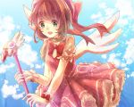  1girl aqua_eyes baton blue_sky bow brown_hair cardcaptor_sakura clouds dress gloves hat hat_bow kashiwagi_chisame kinomoto_sakura magical_girl open_mouth pink_dress puffy_short_sleeves puffy_sleeves shirt short_sleeves sky smile solo white_gloves wings 