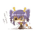  1girl blue_eyes cape cat character_request chibi fang long_hair lowres medarot open_mouth purple_hair rebecca_(keinelove) sitting sunglasses twintails 