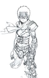  1girl absurdres amputee armor artist_request belt furiosa glaring highres looking_at_viewer mad_max mad_max:_fury_road mask mechanical_arm monochrome short_hair 