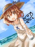 1girl alternate_costume artist_name bare_shoulders beach brown_eyes brown_hair commentary_request darkside dress fang hair_ornament hairclip hand_on_headwear hat ikazuchi_(kantai_collection) kantai_collection looking_at_viewer open_mouth ramune short_hair straw_hat sundress sweat 