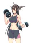  1girl and bike_shorts black_hair breasts close-up groin headgear kantai_collection large_breasts long_hair nagato_(kantai_collection) navel red_eyes smile solo sports_bra toned weightlifting weights 