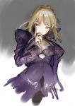  1girl attall blonde_hair braid breasts cleavage dress fate/stay_night fate_(series) french_braid hand_on_own_face long_sleeves puffy_long_sleeves puffy_sleeves purple_dress saber saber_alter short_hair solo upper_body yellow_eyes 