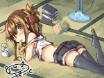  1girl alternate_costume artist_name blush book brown_eyes brown_hair chips commentary_request darkside denim denim_shorts drink drinking_straw fan folded_ponytail food_in_mouth inazuma_(kantai_collection) kantai_collection looking_at_viewer lying on_stomach shorts tank_top tatami thigh-highs 