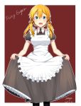  1girl alternate_costume anchor_hair_ornament apron artist_request blonde_hair breasts enmaided female hair_ornament highres kantai_collection long_hair maid open_mouth prinz_eugen_(kantai_collection) skirt_hold smile solo twintails 