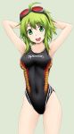  1girl arms_up competition_swimsuit fuuma_nagi goggles goggles_on_head green_eyes green_hair gumi one-piece_swimsuit open_mouth short_hair speedo_(company) standing swimsuit vocaloid 