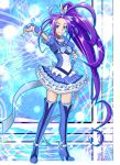  1girl absurdres amawa_kazuhiro blue_boots boots cure_beat earrings hand_on_hip high_heel_boots high_heels highres jewelry knee_boots kurokawa_eren long_hair pointing pointing_at_viewer ponytail precure purple_hair solo suite_precure touei very_long_hair yellow_eyes 
