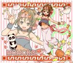  1girl anklet armband artist_request baggy_pants barefoot belt bracelet brown_hair choker earrings feet food happy headband heart jewelry king_of_fighters king_of_fighters_xi midriff momoko_(king_of_fighters) nail_polish navel necklace noodles panda pants ramen star tank_top toenail_polish waving 