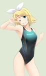  1girl blonde_hair blue_eyes competition_swimsuit fuuma_nagi hairclip kagamine_rin one-piece_swimsuit short_hair speedo_(company) standing swimsuit v_over_eye vocaloid wink 