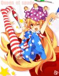  1girl ;d american_flag_legwear american_flag_shirt blonde_hair blush clownpiece fairy_wings hat jester_cap juggling_club kotomuke_fuurin long_hair looking_at_viewer one_eye_closed open_mouth pantyhose small_breasts smile solo star touhou v very_long_hair wings yellow_eyes 