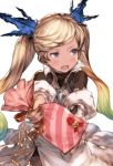  1girl artist_request blonde_hair blue_eyes blue_hair blush gift gradient_hair granblue_fantasy green_hair hair_ornament io_(granblue_fantasy) itsukia long_hair looking_away looking_to_the_side multicolored_hair open_mouth pov solo tan transparent_background twintails upper_body 