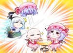  3girls :3 =_= ascot bald bat_wings blue_hair blush blush_stickers bow commentary_request cup cutting_hair dress frilled_skirt frills green_dress hat hat_bow hat_ribbon kashuu_(b-q) konpaku_youmu mob_cap motion_lines multiple_girls remilia_scarlet ribbon short_hair short_sleeves silver_hair skirt sparkle stool sword table teacup touhou weapon whisker_markings wine_glass wings 