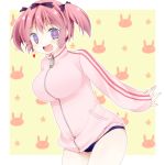  +_+ 1girl blue_eyes blush bow breasts buruma hair_bow hibari_(senran_kagura) large_breasts looking_at_viewer open_mouth pink_hair ri_04xx senran_kagura senran_kagura_(series) short_hair short_twintails smile solo symbol-shaped_pupils track_jacket twintails 