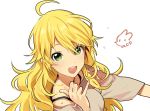  1girl :d ahoge artist_name blonde_hair green_eyes hoshii_miki idolmaster long_hair looking_at_viewer open_mouth rod_(rod4817) smile solo sweat white_background 