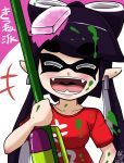  1girl 2015 :d aori_(splatoon) blush dated domino_mask fangs food food_on_head hair_rings long_hair mask object_on_head open_mouth paint pointy_ears purple_hair red_shirt shirt smile solo splatoon sushi t-shirt tentacle_hair usa_(dai9c_carnival) 