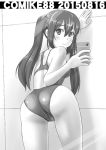  1girl ass cellphone competition_swimsuit from_behind highres looking_back monochrome one-piece_swimsuit original phone swimsuit tk4 