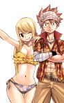  1boy 1girl bandages bikini blonde_hair breasts brown_eyes cleavage fairy_tail long_hair looking_at_viewer lucy_heartfilia mashima_hiro natsu_dragneel navel one_eye_closed pink_hair plue scar scarf side-tie_bikini simple_background smile spiky_hair swimsuit white_background yellow_bikini 