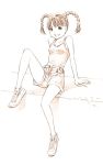  1girl braid monochrome original school_swimsuit shoes shorts sketch solo swimsuit traditional_media twin_braids yoshitomi_akihito 
