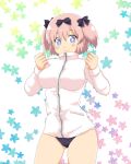  +_+ 1girl blue_eyes blush bow breasts buruma clenched_hands hair_bow hibari_(senran_kagura) large_breasts looking_at_viewer mikaneco pink_hair senran_kagura senran_kagura_(series) short_hair short_twintails smile solo symbol-shaped_pupils track_jacket twintails 