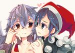  2girls arm_around_neck blue_eyes blue_hair breast_grab brown_eyes doremy_sweet hat heart kishin_sagume multiple_girls nightcap open_clothes open_shirt shirt silver_hair touhou yoshinaga_p 