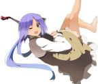  1girl barefoot biwa_lute blush dress flower hair_flower hair_ornament hasebe_yuusaku instrument leg_up long_hair long_sleeves looking_at_viewer low_twintails lute_(instrument) one_eye_closed open_mouth purple_hair simple_background solo touhou tsukumo_benben twintails violet_eyes white_background 