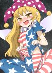  1girl american_flag american_flag_legwear american_flag_shirt blonde_hair blush blush_stickers clownpiece fairy_wings frilled_collar hat jester_cap leggings long_hair looking_at_viewer naughty_face open_mouth pantyhose shirt_lift smile solo star touhou wings yassy yellow_eyes 