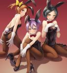  3girls animal_ears ass bare_shoulders black_hair blue_eyes blush bowtie breasts brown_hair bunny_girl bunny_tail bunnysuit cleavage detached_collar embarrassed gloves hair_ornament hair_ribbon hairclip hands_on_own_chest high_heels highres kagerou_(kantai_collection) kantai_collection kurione_(zassou) kuroshio_(kantai_collection) leotard long_hair multiple_girls open_mouth pantyhose pink_hair playboy_bunny_leotard ponytail rabbit_ears ribbon shiranui_(kantai_collection) short_hair sitting sweatdrop tail twintails wariza 