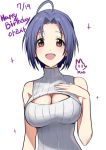  1girl ahoge artist_name blue_hair breasts cleavage cleavage_cutout happy_birthday idolmaster korean lowres miura_azusa open-chest_sweater purple_hair red_eyes ribbed_sweater rod_(rod4817) short_hair solo sweater sweater_vest translation_request 