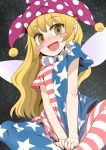  1girl american_flag american_flag_legwear american_flag_shirt blonde_hair blush clownpiece fairy_wings frilled_collar hat jester_cap leggings long_hair looking_at_viewer open_mouth pantyhose smile solo star touhou wings yassy yellow_eyes 