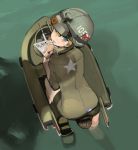  1girl blonde_hair blue_eyes boat cigarette cigarette_box feet_in_water helmet kuuro_kuro magazine military military_uniform mouth_hold original short_hair smoking soaking_feet solo star uniform water 