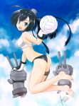  1girl akizuki_(kantai_collection) barefoot bikini black_hair blush chou-10cm-hou-chan clouds gloves headband highres jumping kantai_collection long_hair looking_at_viewer onaya_masakazu ponytail sky smile solo swimsuit volleyball 