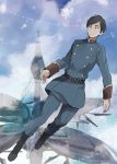  1boy aldnoah.zero belt black_eyes black_hair blue_clothes boots clouds cloudy_sky flying full_body harklight jusc0 landing_castle male_focus military military_uniform sky solo uniform 