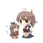  2girls airplane akagi_(kantai_collection) black_eyes black_hair blush brown_hair chibi child kaga_(kantai_collection) kantai_collection lowres multiple_girls object_on_head open_mouth rebecca_(keinelove) side_ponytail sitting smile 