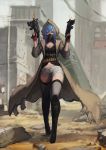  1girl acket blue_eyes blue_hair dual_wielding gas_mask gods_(1073337800) highres hooded_jacket long_hair original pixiv_fantasia pixiv_fantasia_t solo thigh-highs 