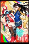  1girl 2012 black_hair boots gloves grin highres hover_bike jersey lips long_hair looking_at_viewer looking_back original red_eyes scarf short_shorts shorts smile solo tagme wantacchi 