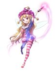  1girl american_flag_legwear american_flag_shirt arm_up barefoot blonde_hair clownpiece fairy_wings full_body hat jester_cap long_hair minust open_mouth print_legwear red_eyes shirt short_sleeves simple_background smile solo star striped touhou white_background wings 