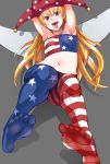  1girl absurdres adapted_costume american_flag_legwear arms_up ayakumo blonde_hair clownpiece fang flat_chest highres long_hair looking_at_viewer midriff navel open_mouth pantyhose red_eyes solo strapless touhou tubetop very_long_hair 