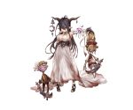  1girl bandaged_arm bandages bangs breasts cleavage crescent danua doll dress finger_to_mouth frown full_body granblue_fantasy hair_between_eyes hair_grab high_heels horn_ornament horns jewelry large_breasts long_hair minaba_hideo necklace official_art pointy_ears red_eyes scimitar solo sword transparent_background white_dress 