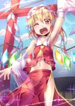  1girl ;d adapted_costume arm_up day flandre_scarlet gohei japanese_clothes looking_at_viewer miko one_eye_closed open_mouth rando_seru shrine smile solo sparkle touhou 