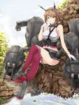  1girl breasts brown_hair cannon collarbone crossed_legs full_body gloves green_eyes headband headgear highres kantai_collection large_breasts mecha_musume midriff miniskirt mutsu_(kantai_collection) outdoors red_legwear short_hair sitting sitting_on_rock sketch skirt solo thigh-highs turret water white_crow 