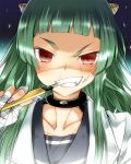  1girl bandages choker green_hair horns kami_nomi_zo_shiru_sekai long_hair lune_(kaminomi) penknife red_eyes school_uniform serafuku smile solo yuto_(dialique) 