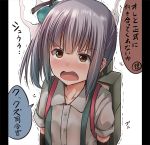 1girl backpack bag blush brown_eyes collarbone collared_shirt commentary_request frown kantai_collection kasumi_(kantai_collection) long_hair open_mouth pillarboxed randoseru school_uniform shirt short_sleeves side_ponytail silver_hair simple_background skirt smoke solo speech_bubble steam suspenders tai_(nazutai) talking translation_request trembling upper_body white_background white_shirt 