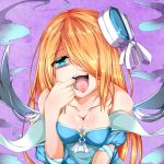  1girl bags_under_eyes bare_shoulders blue_dress blue_eyes breasts cleavage dress finger_in_mouth hair_over_one_eye hat hat_ribbon long_hair looking_at_viewer lowres mini_hat open_mouth orange_hair pandora_(p&amp;d) puzzle_&amp;_dragons ribbon solo teeth tongue tongue_out white_ribbon zuo_wei_er 