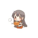  1girl akagi_(kantai_collection) angry black_eyes black_hair blush bone chibi eating food kantai_collection long_hair lowres meat rebecca_(keinelove) sitting solid_oval_eyes 