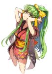  1girl arms_behind_head bow c.c. code_geass creayus green_hair hair_bow japanese_clothes kimono long_hair looking_at_viewer open_mouth ponytail simple_background sleeves_rolled_up solo sweat twitter_username white_background yellow_eyes 
