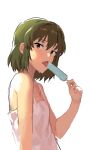  1girl bare_shoulders brown_eyes brown_hair holding idolmaster idolmaster_million_live! looking_at_viewer nagayoshi_subaru open_mouth popsicle rr_(suisse200) short_hair simple_background solo sweat tongue tongue_out white_background 