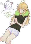  1girl :p ahoge artist_name artist_self-insert blonde_hair closed_eyes fictional_persona hoshii_miki idolmaster korean long_hair neck_pillow rod_(rod4817) shorts t-shirt tongue tongue_out translation_request zzz 