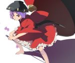  1girl angry barefoot blush bowl clenched_teeth hasebe_yuusaku japanese_clothes kimono long_sleeves looking_at_viewer miracle_mallet needle obi object_on_head purple_hair ribbon sash short_hair simple_background solo sukuna_shinmyoumaru touhou violet_eyes white_background wide_sleeves 