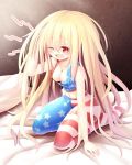  1girl american_flag_legwear blonde_hair blush breasts cleavage clownpiece highres long_hair messy_hair midriff navel one_eye_closed open_mouth red_eyes sitting solo star striped striped_legwear touhou very_long_hair wariza wince z.o.b 