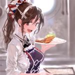  1girl :d adapted_costume alternate_hairstyle apron ashigara_(kantai_collection) bangs blurry bob_(biyonbiyon) brown_eyes brown_hair chopsticks curry curry_rice depth_of_field fangs food frilled_apron frills hair_between_eyes hair_up hairband holding holding_plate kantai_collection katsudon_(food) long_hair lowres official_art open_mouth plate ponytail porthole remodel_(kantai_collection) shirt sidelocks smile solo steam teeth upper_body white_shirt window 