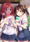  2girls :o black_hair blush food hair_ornament hairclip highres ice_cream long_hair looking_at_another love_live!_school_idol_project multiple_girls nishikino_maki nononon open_mouth pink_eyes red_eyes redhead short_sleeves skirt smile twintails wristband yazawa_nico 